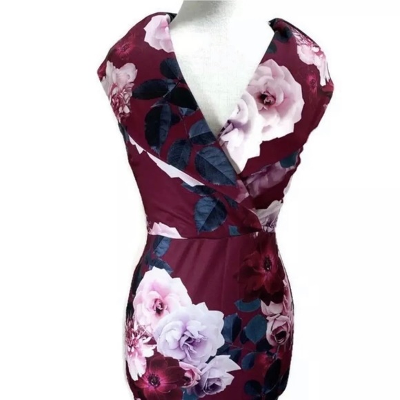 Quiz Floral Dress Wrap Front Berry & Teal Stretch V-Neck Cap Sleeves Big Collar - Picture 4 of 11
